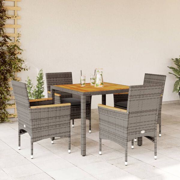 vidaXL Set de comedor jard&iacute;n 5 pzas con cojines rat&aacute;n PE acacia gris
