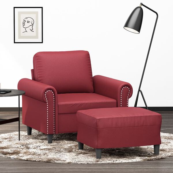 vidaXL Sill&oacute;n con taburete cuero sint&eacute;tico rojo tinto 60 cm