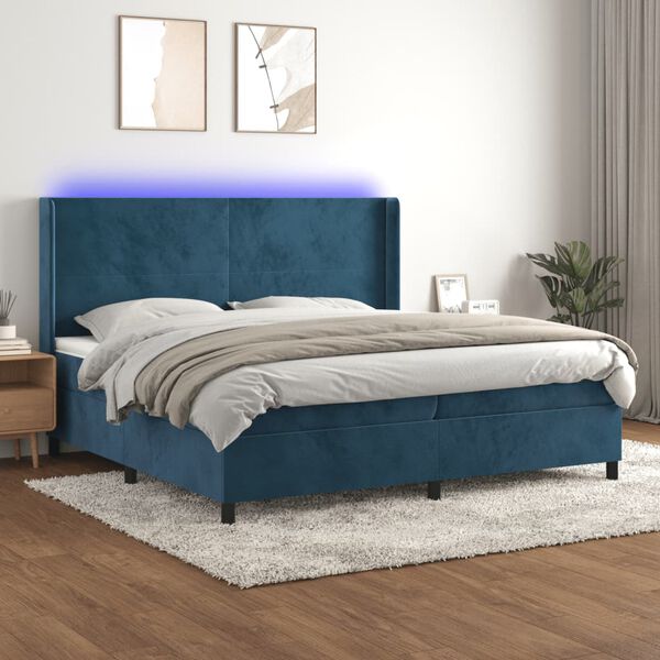 vidaXL Cama box spring colch&oacute;n y LED terciopelo azul oscuro 200x200 cm
