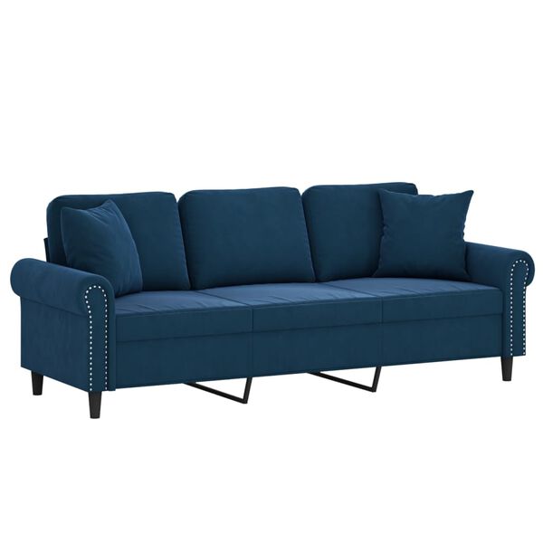 vidaXL Sof&aacute; 3 plazas almohadas y cojines terciopelo azul 180 cm