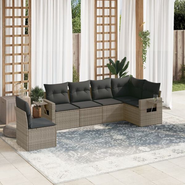 vidaXL Set de muebles de jard&iacute;n 6 pzas y cojines rat&aacute;n sint&eacute;tico gris