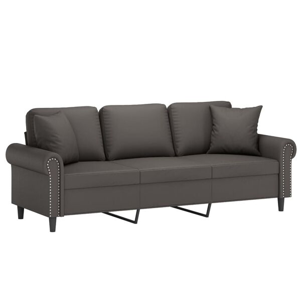 vidaXL Sof&aacute; 3 plazas almohadas y cojines cuero sint&eacute;tico gris 180 cm