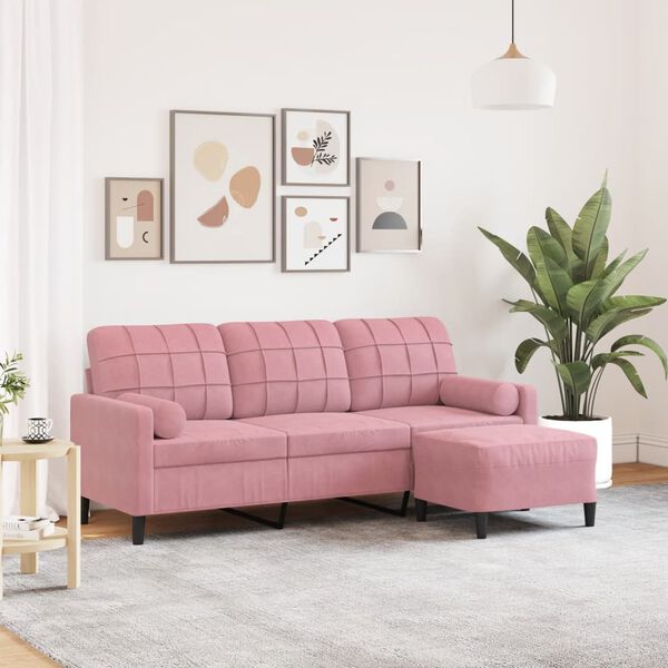 vidaXL Sof&aacute; de 3 plazas con taburete de terciopelo rosa180 cm