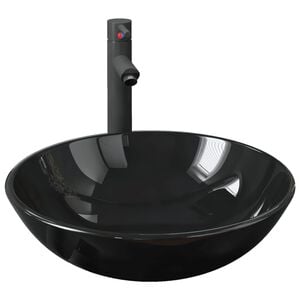 vidaXL Lavabo de ba&ntilde;o grifo y desag&uuml;e de empuje vidrio templado negro