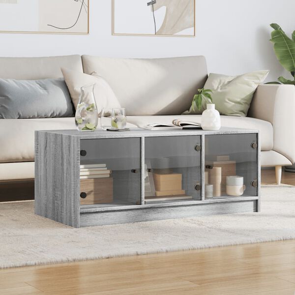 vidaXL Mesa de centro con puertas de vidrio gris Sonoma 102x50x42 cm