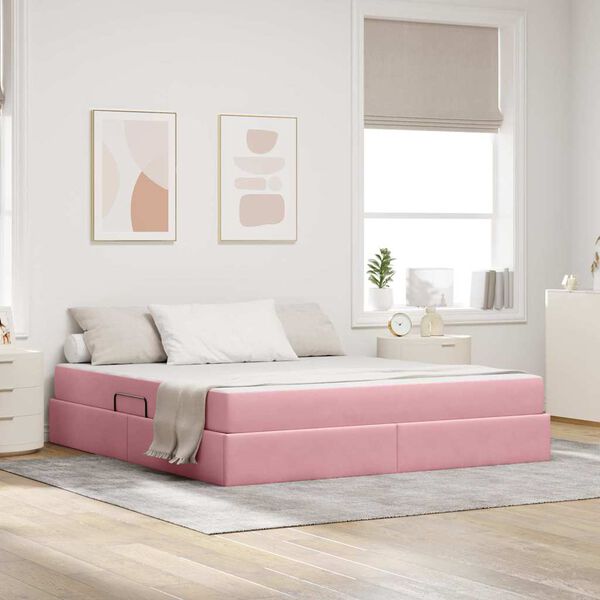 vidaXL Cama con almacenamiento y colch&oacute;n Rosa 180 x 200 cm Terciopelo