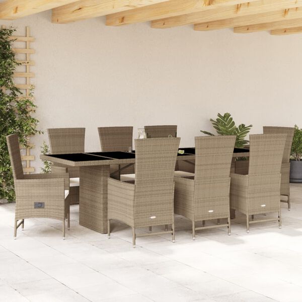 vidaXL Set comedor de jard&iacute;n 9 pzas con cojines rat&aacute;n sint&eacute;tico beige