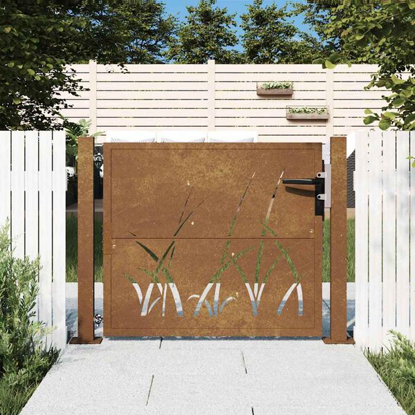 vidaXL Puerta de jard&iacute;n 100x75 cm de acero corten con dise&ntilde;o de hierba