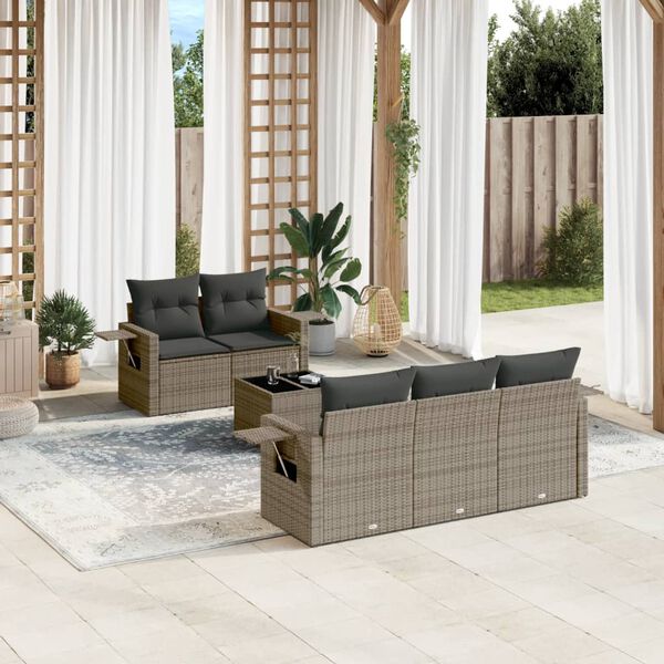 vidaXL Set de muebles de jard&iacute;n 6 pzas y cojines rat&aacute;n sint&eacute;tico gris