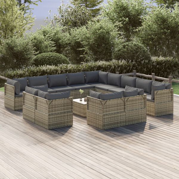 vidaXL Set de muebles de jard&iacute;n 14 pzas y cojines rat&aacute;n sint&eacute;tico gris