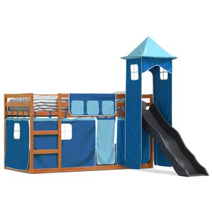 vidaXL Litera con tobog&aacute;n y cortinas azul 90x200 cm