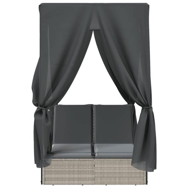 vidaXL Tumbona doble con techo y cortinas ratán sintético gris claro