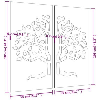 vidaXL Adorno pared jardín 2 uds acero corten diseño árbol 105x55 cm