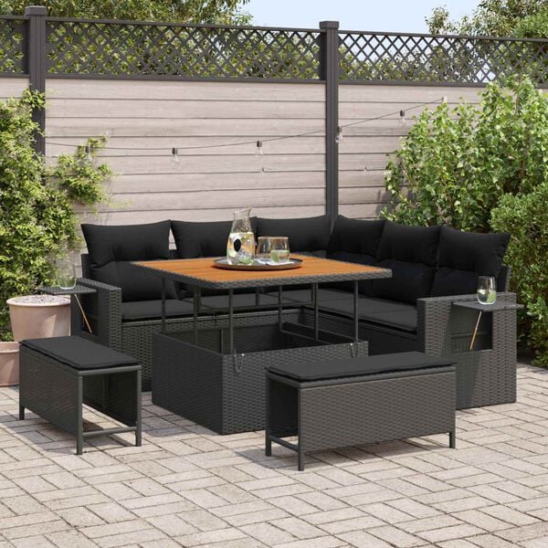 vidaXL Conjunto de sof&aacute;s de jard&iacute;n 9 pcs Negro rat&aacute;n sint&eacute;tico