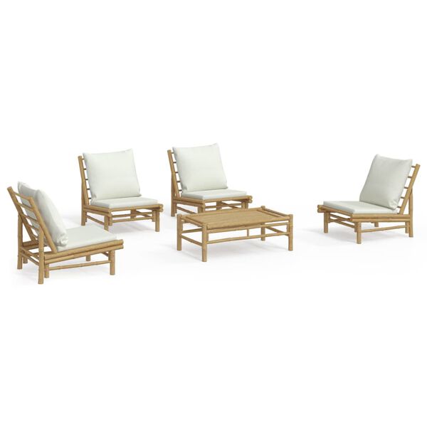 vidaXL Set de muebles de jard&iacute;n 5 piezas bamb&uacute; y cojines blanco crema