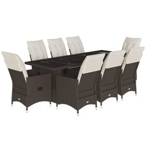vidaXL Set de mesa y sillas jard&iacute;n 9 piezas y cojines rat&aacute;n PE marr&oacute;n