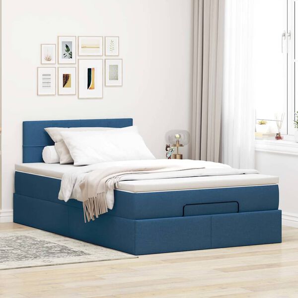 vidaXL Cama otomana con colch&oacute;n y luces LED tela azul 120x190cm