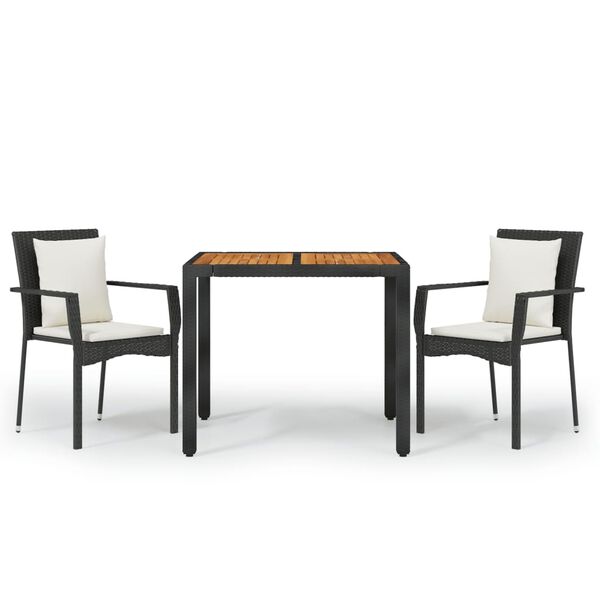 vidaXL Set comedor de jard&iacute;n 3 pzas con cojines rat&aacute;n sint&eacute;tico negro
