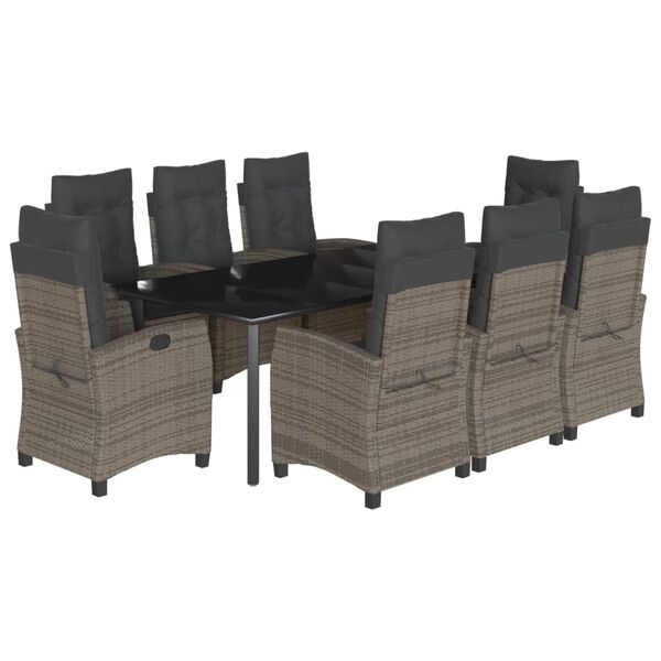 vidaXL Set comedor jard&iacute;n 9 pzas y cojines rat&aacute;n sint&eacute;tico gris