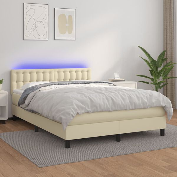 vidaXL Cama box spring colch&oacute;n y LED cuero sint&eacute;tico crema 140x200 cm