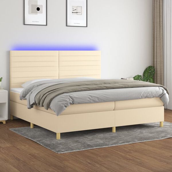 vidaXL Cama box spring colch&oacute;n y luces LED tela crema 200x200 cm