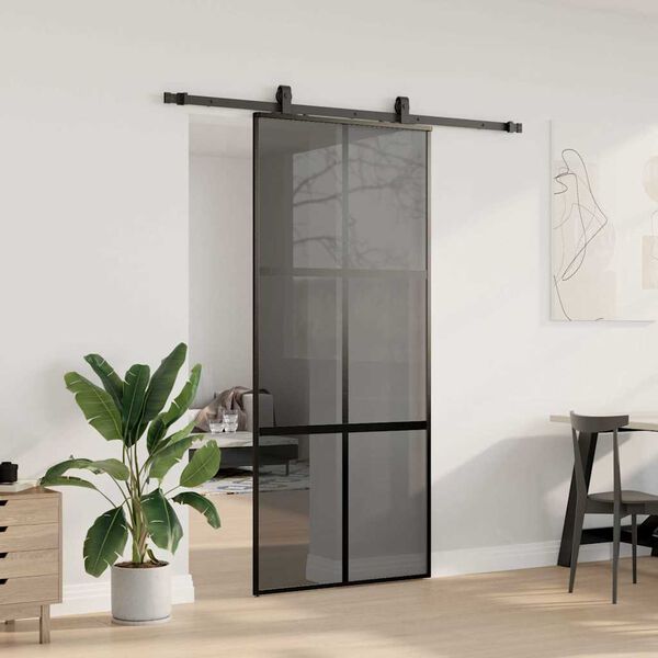 vidaXL Puerta corredera con herrajes negro 90x205 cm vidrio templado
