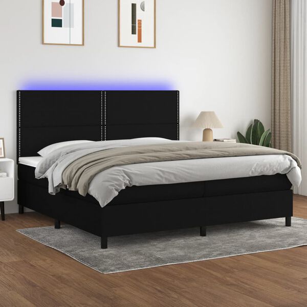 vidaXL Cama box spring colch&oacute;n y luces LED tela negro 200x200 cm