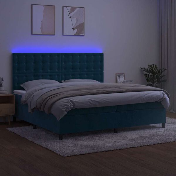 vidaXL Cama box spring colch&oacute;n y LED terciopelo azul oscuro 200x200 cm