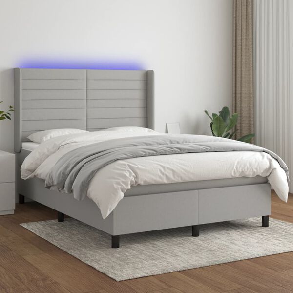 vidaXL Cama box spring colch&oacute;n y luces LED tela gris claro 140x190 cm