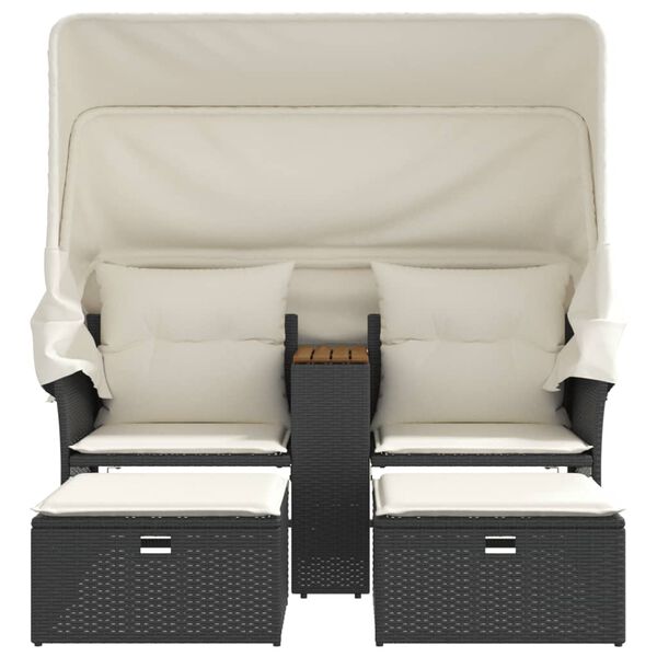 vidaXL Sof&aacute; de jard&iacute;n 2 plazas con toldo y taburetes rat&aacute;n PE negro