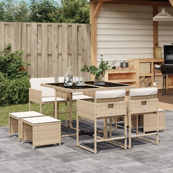 vidaXL Set comedor de jard&iacute;n 9 pzas con cojines rat&aacute;n sint&eacute;tico beige