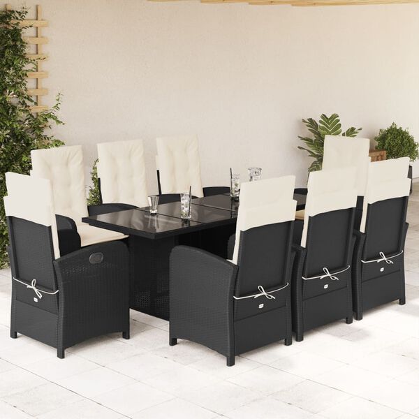 vidaXL Set de comedor de jard&iacute;n 9 pzas y cojines rat&aacute;n sint&eacute;tico negro