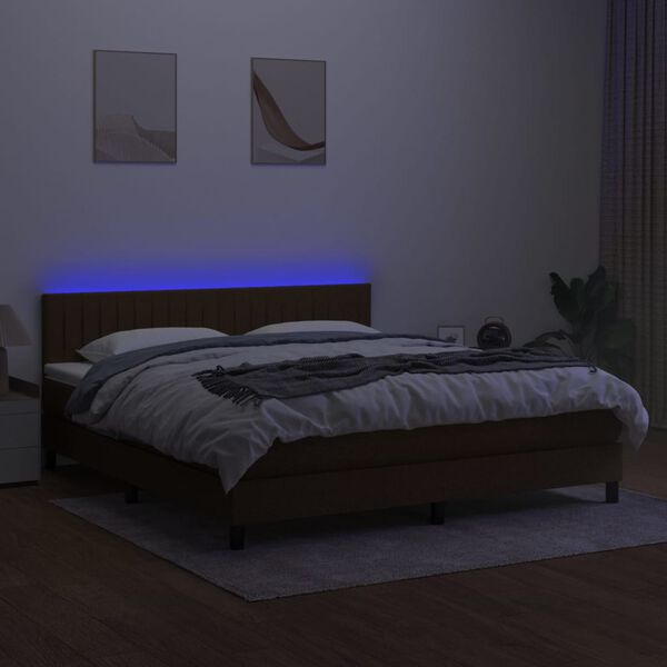 vidaXL Cama box spring colch&oacute;n luces LED tela marr&oacute;n oscuro 180x200cm