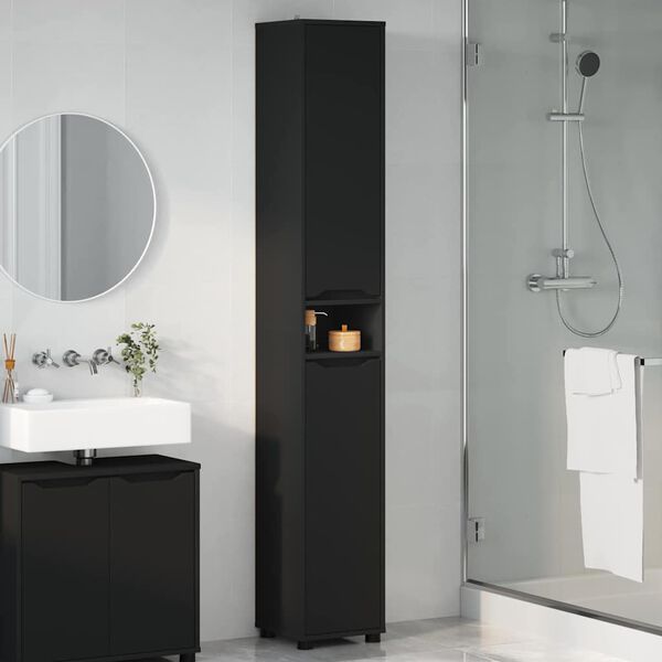 vidaXL Gabinete de Ba&ntilde;o Negro 30,5 x 30 x 195 cm Madera contrachapada