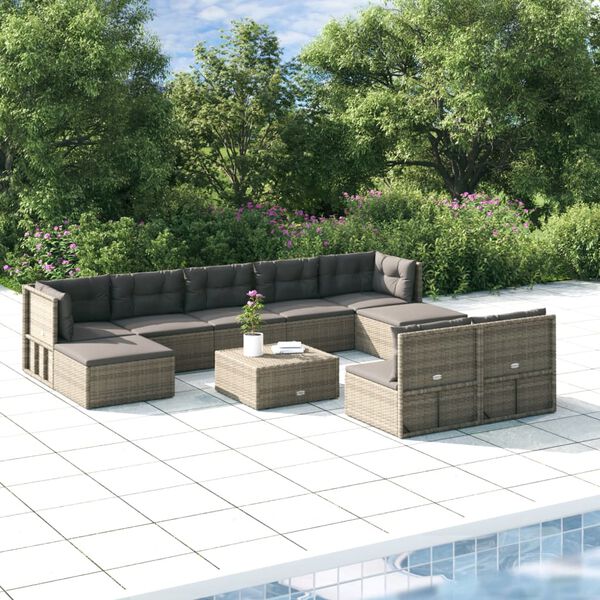 vidaXL Set de muebles de jardín 9 pzas y cojines ratán sintético gris