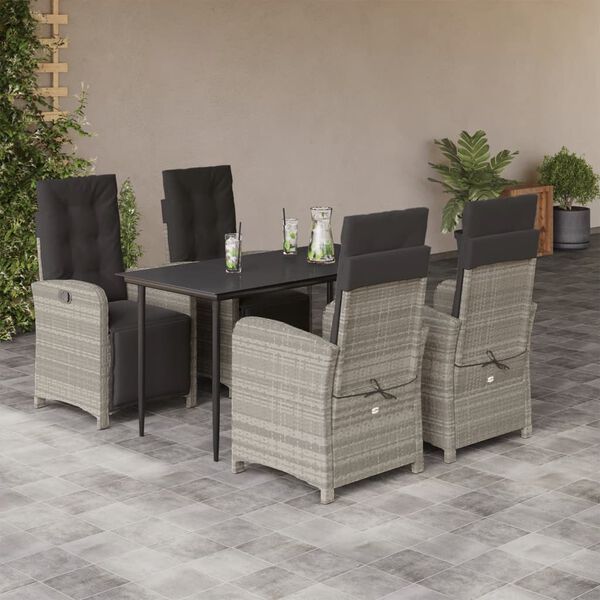 vidaXL Set comedor de jard&iacute;n 5 pzas cojines rat&aacute;n sint&eacute;tico gris claro
