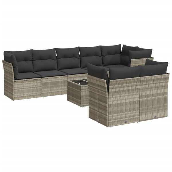 vidaXL Set muebles jard&iacute;n 9 pzas y cojines rat&aacute;n sint&eacute;tico gris claro
