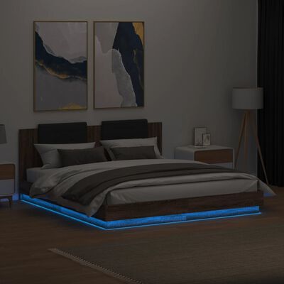 vidaXL Estructura de cama cabecero luces LED roble marrón 160x200 cm