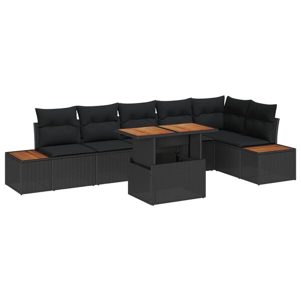 vidaXL Conjunto de sof&aacute; de jard&iacute;n 7 pcs Negro Polirat&aacute;n