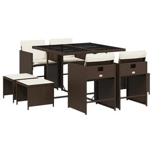 vidaXL Set comedor para jard&iacute;n 9 pzas y cojines rat&aacute;n sint&eacute;tico marr&oacute;n