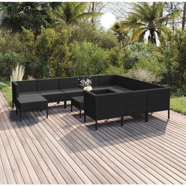 vidaXL Set muebles de jardín 12 pzas y cojines ratán sintético negro