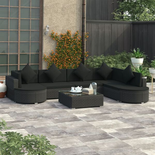 vidaXL Set muebles de jardín y cojines 8 piezas ratán sintético negro