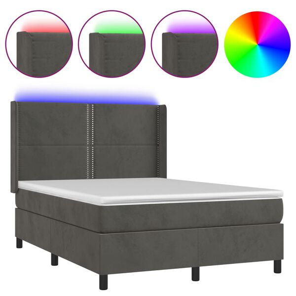 vidaXL Cama box spring colch&oacute;n y LED terciopelo gris oscuro 140x190 cm