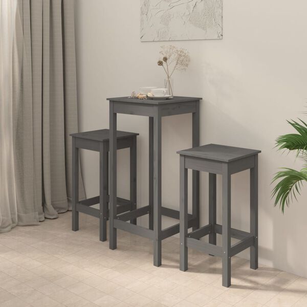 vidaXL Set de bar 3 piezas madera maciza de pino gris