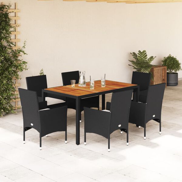 vidaXL Set de comedor jard&iacute;n 7 pzas con cojines rat&aacute;n PE acacia negro