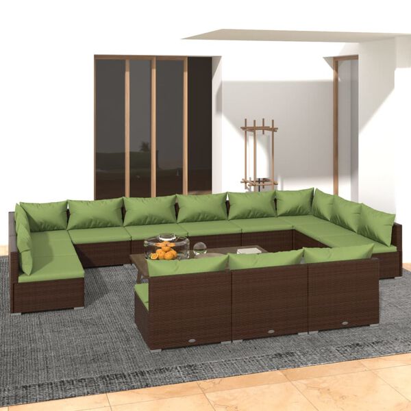 vidaXL Set muebles de jard&iacute;n 13 piezas cojines rat&aacute;n sint&eacute;tico marr&oacute;n