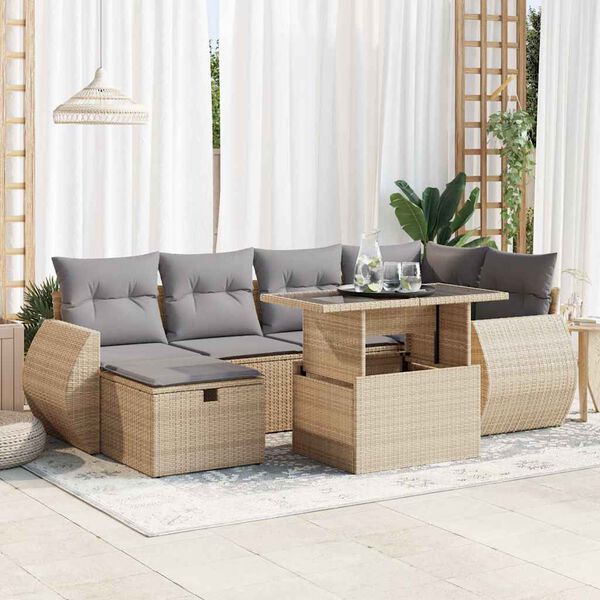 vidaXL Set sof&aacute;s de jard&iacute;n 7 piezas y cojines rat&aacute;n sint&eacute;tico beige