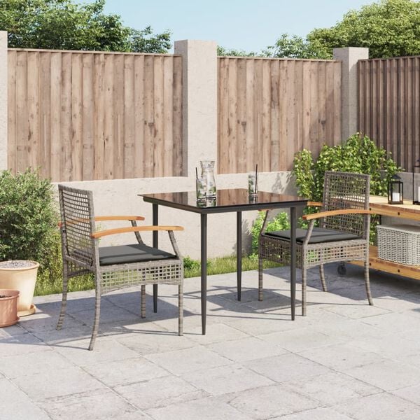 vidaXL Set comedor de jard&iacute;n 3 piezas con cojines rat&aacute;n sint&eacute;tico gris