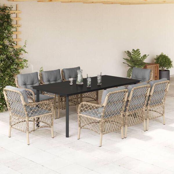 vidaXL Set comedor de jard&iacute;n 9 pzas con cojines rat&aacute;n sint&eacute;tico beige