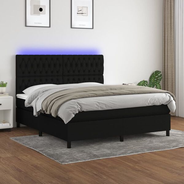 vidaXL Cama box spring colch&oacute;n y luces LED tela negro 180x200 cm